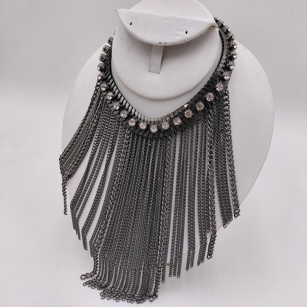 Paparazzi Gunmetal Statement Necklace Rhinestone Bib Multi Strand Fringe Chain